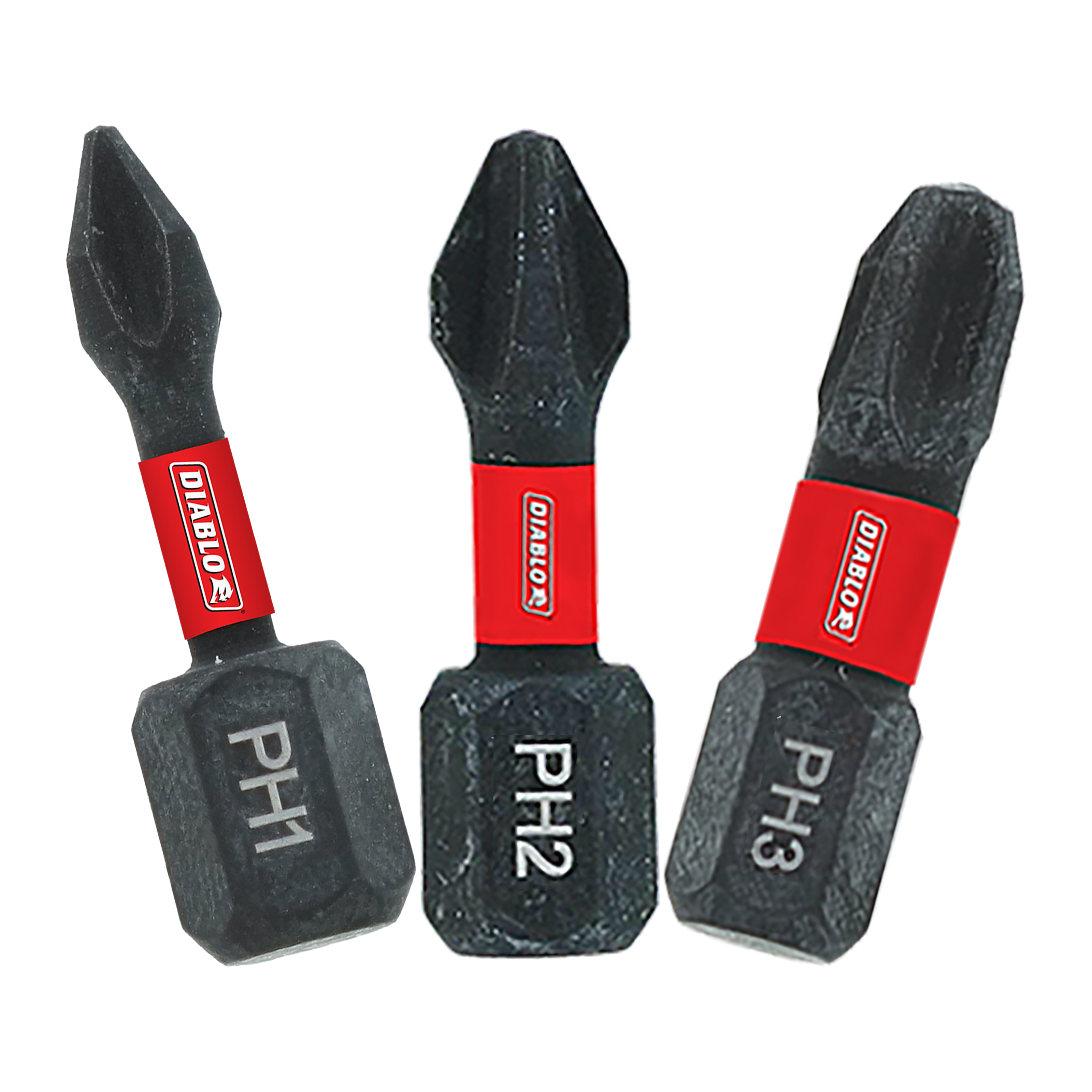 Three black Phillips drive bits labeled PH1, PH2, and PH3 with red Diablo branded sleeves.