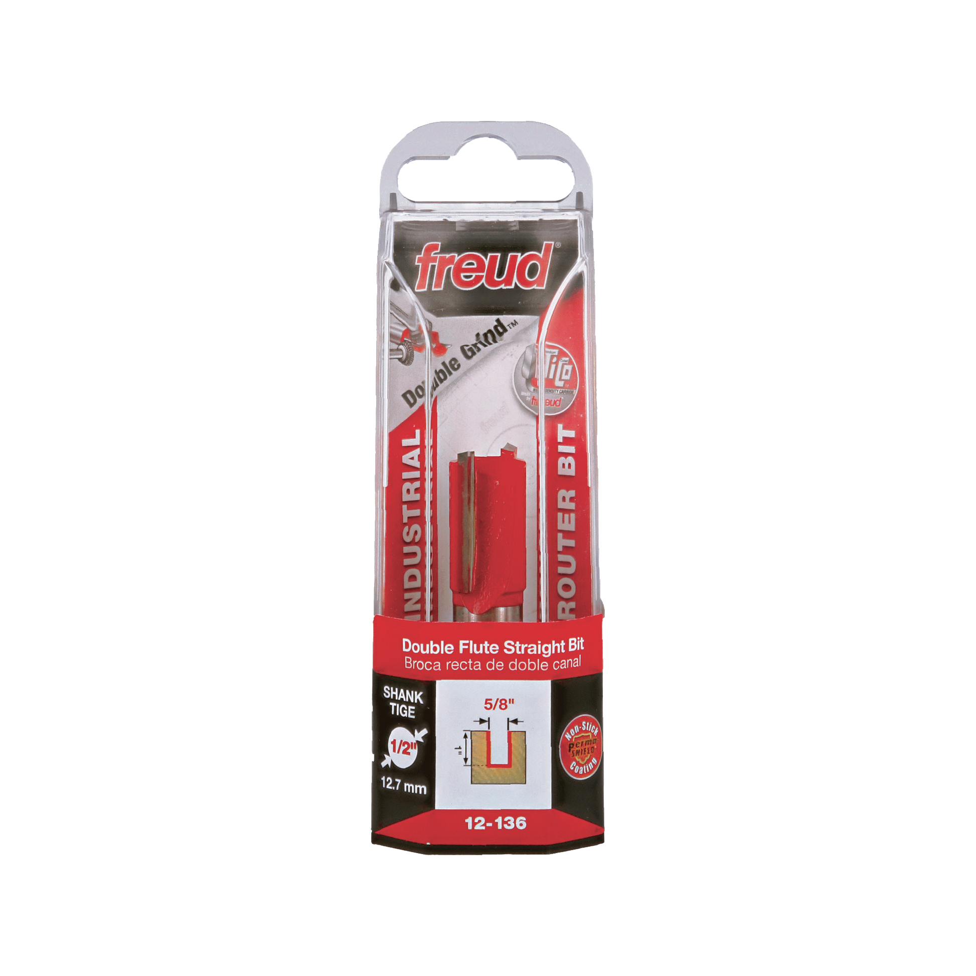 Freud 12-136 router bit with 5/8" diameter double flute straight cutting head in red packaging.