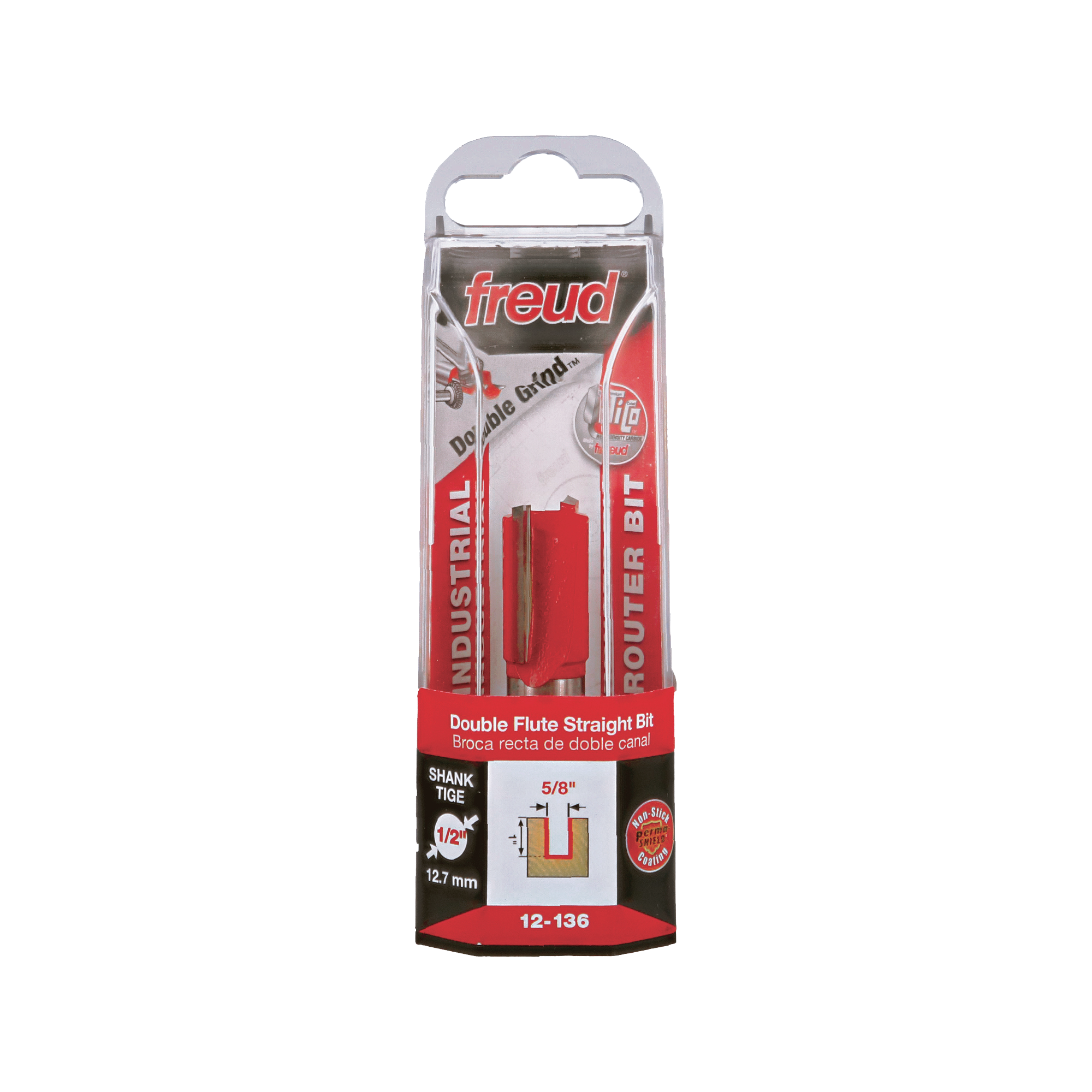 Freud 12-136 router bit with 5/8" diameter double flute straight cutting head in red packaging.