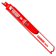 Red Diablo Steel Demon 9-inch reciprocating saw blade with carbide teeth for thin metal conduit cutting.