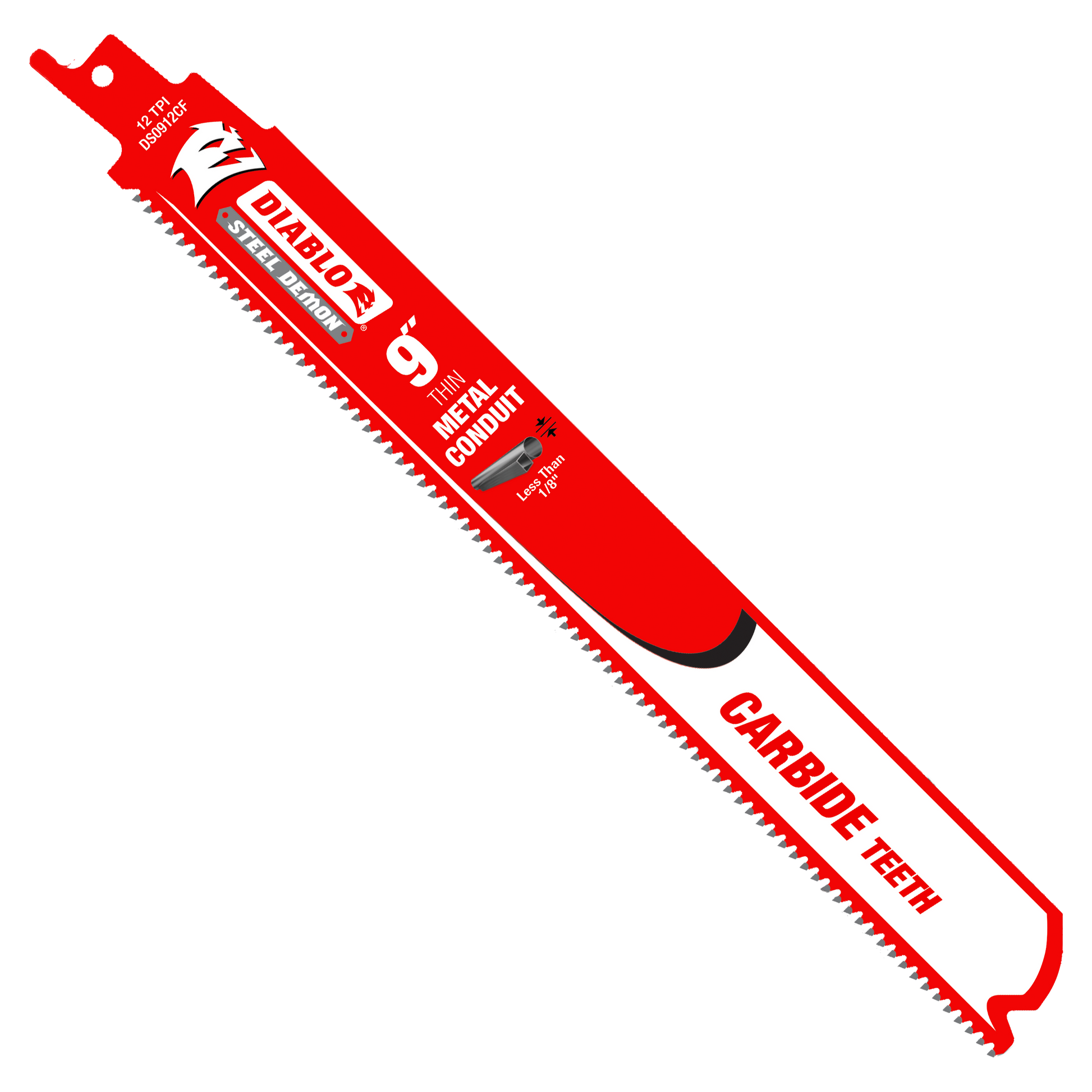 Red Diablo Steel Demon 9-inch reciprocating saw blade with carbide teeth for thin metal conduit cutting.
