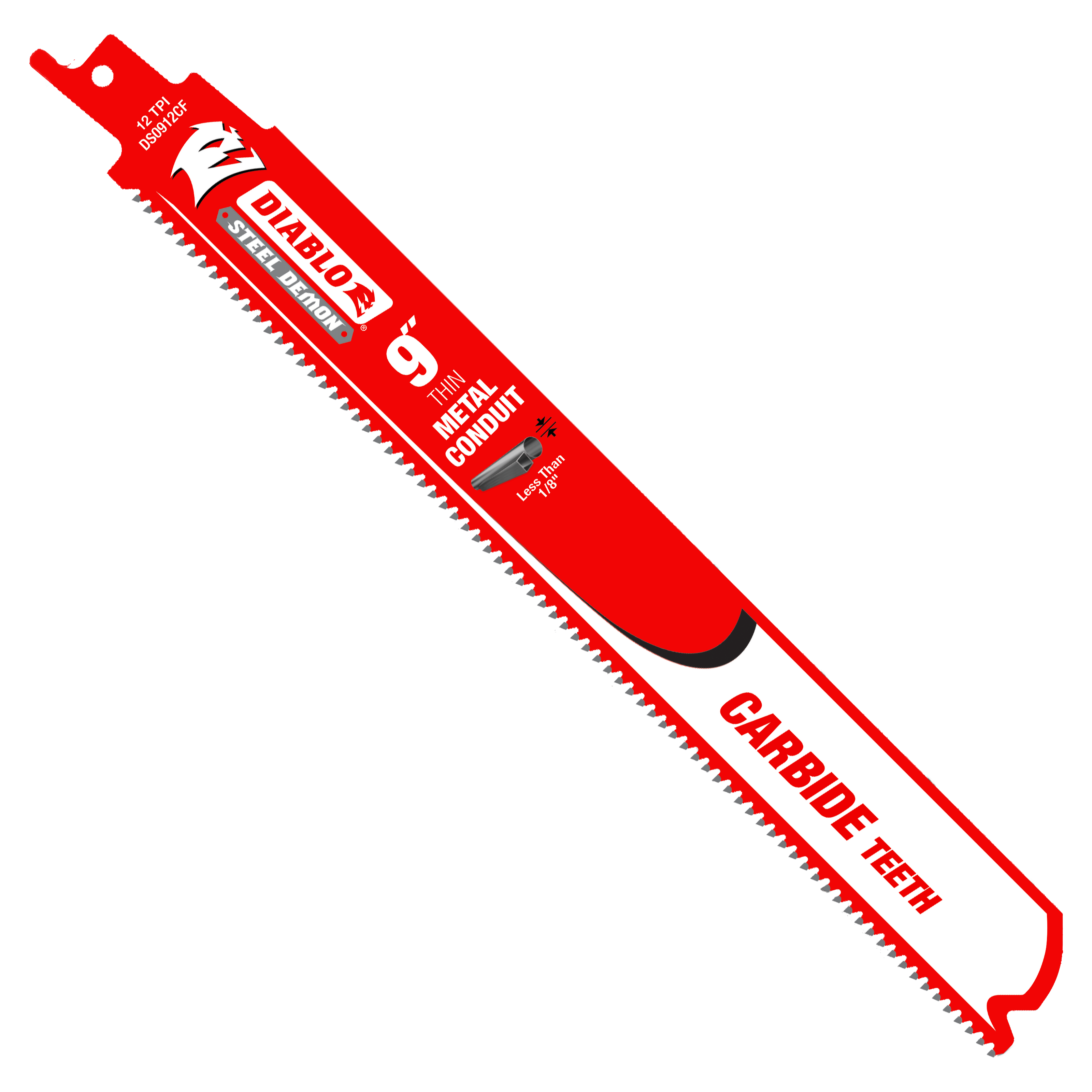 Red Diablo Steel Demon 9-inch reciprocating saw blade with carbide teeth for thin metal conduit cutting.