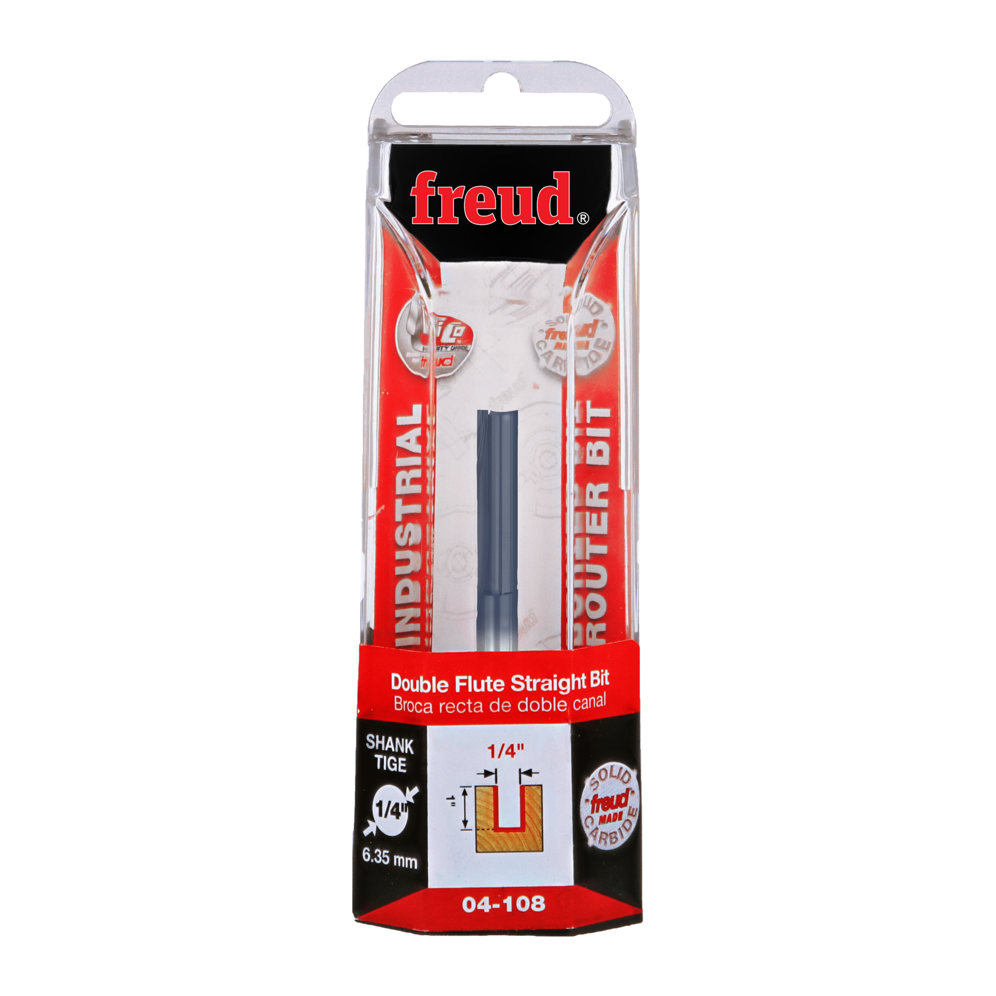 Freud 1/4" diameter double flute straight router bit with 1/4" shank in clear plastic clamshell packaging.