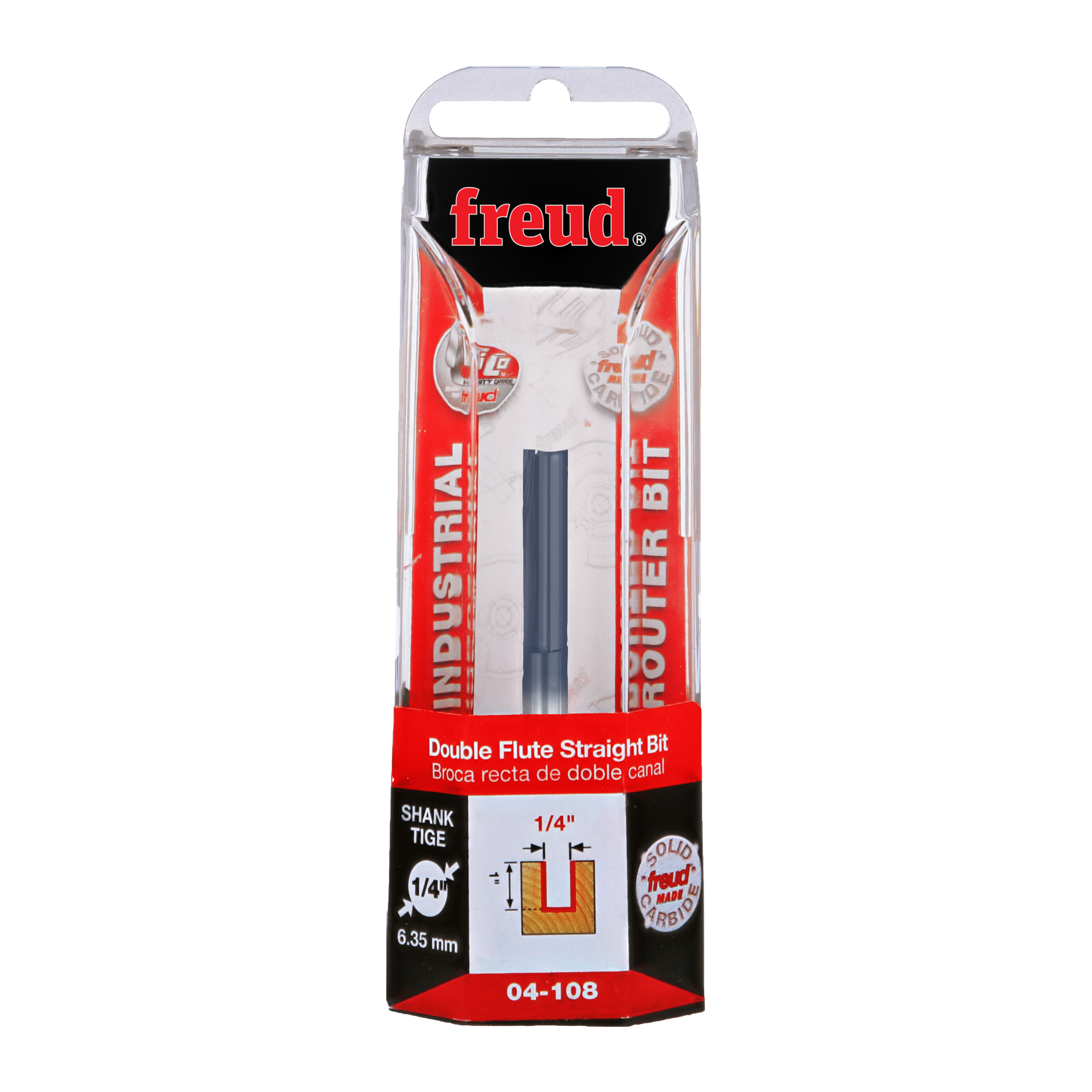 Freud 1/4" diameter double flute straight router bit with 1/4" shank in clear plastic clamshell packaging.