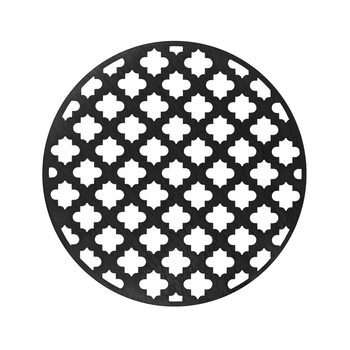Round matte black drain cover with quatrefoil cutout pattern, 5 inches diameter.