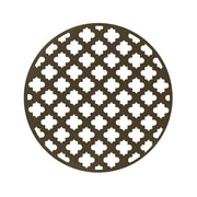 Round oil rubbed bronze drain cover with geometric quatrefoil cutout pattern throughout.