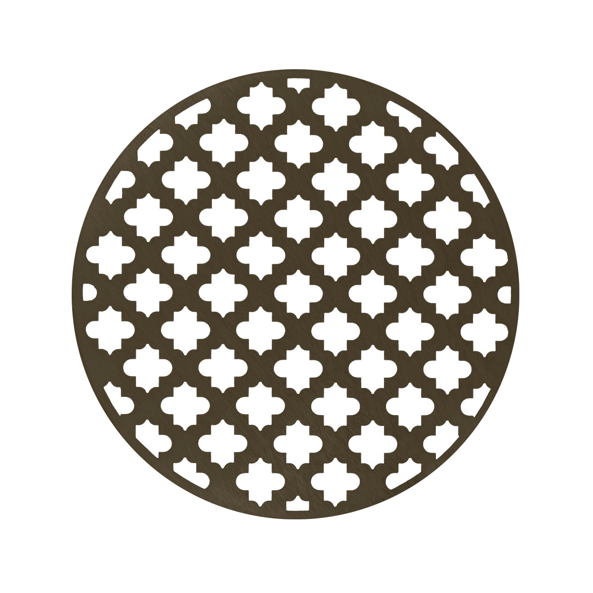 Round oil rubbed bronze drain cover with geometric quatrefoil cutout pattern throughout.