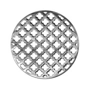 Round polished stainless steel drain cover with repeating four-pointed star pattern cutouts.
