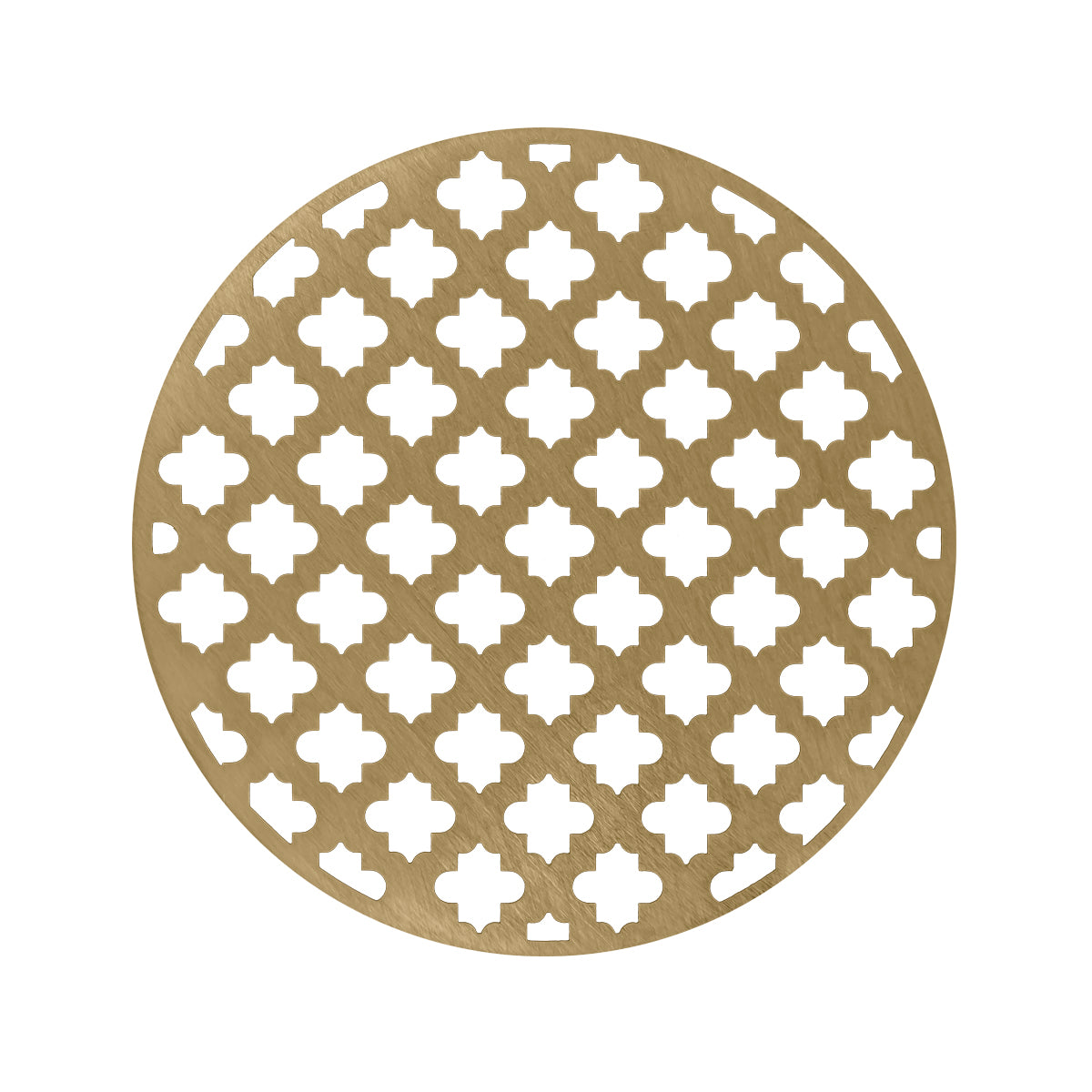 Round satin bronze drain cover with repeating four-pointed star cutout pattern throughout surface.