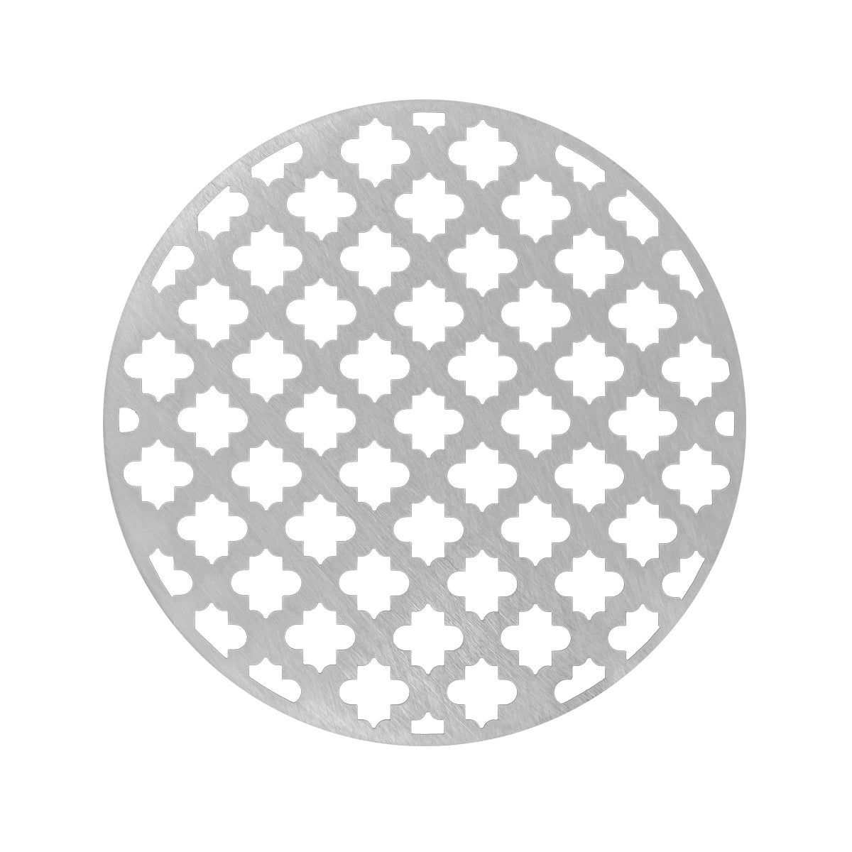 Round satin stainless steel drain cover with quatrefoil cutout pattern, 5 inches diameter.