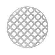 Round satin stainless steel drain cover with quatrefoil cutout pattern, 5 inches diameter.