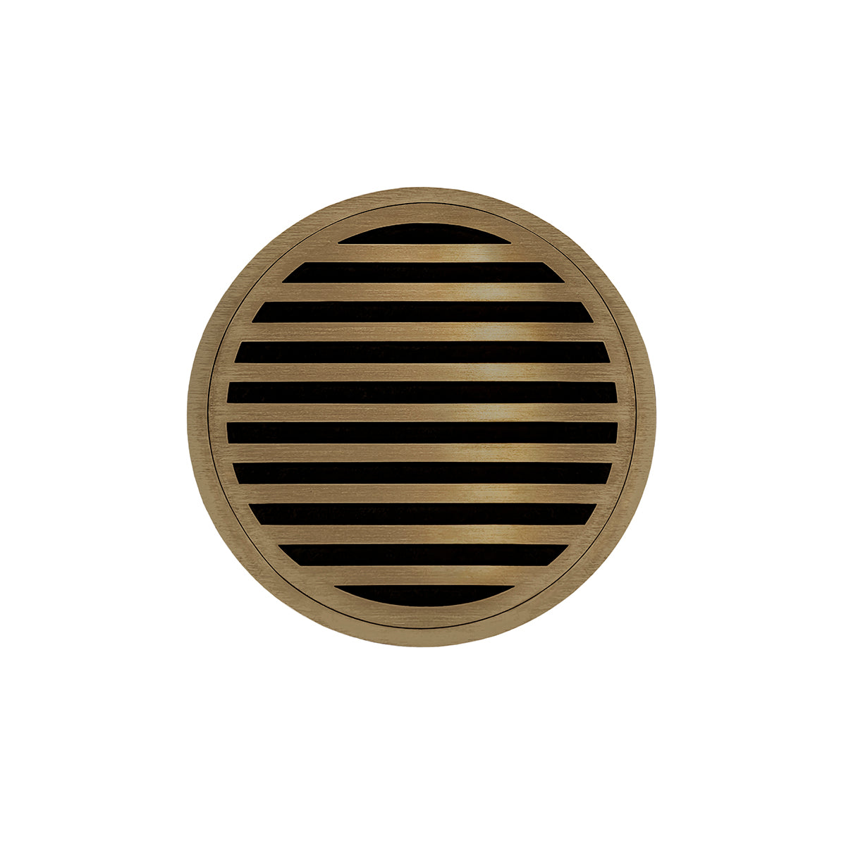Satin bronze round drain cover with horizontal slat design and center opening.