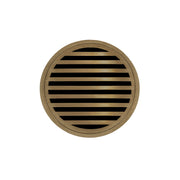Satin bronze round drain cover with horizontal slat design and center opening.