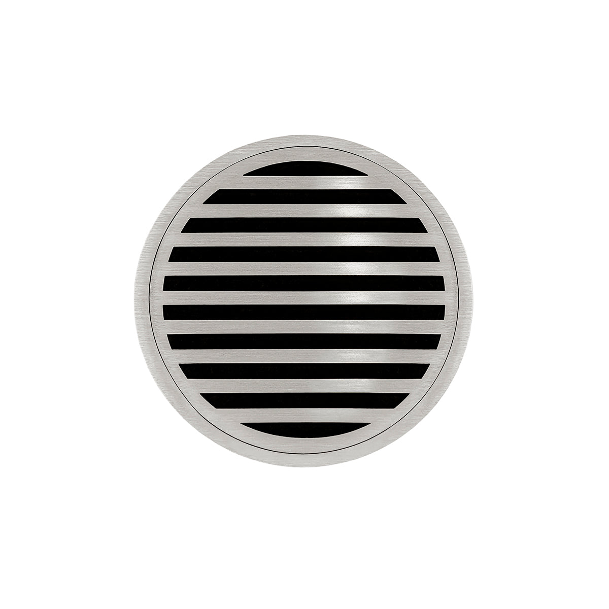 Round satin stainless steel drain cover with horizontal slats and center drain opening.