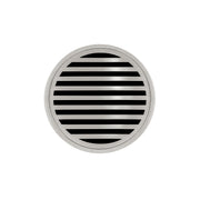 Round satin stainless steel drain cover with horizontal slats and center drain opening.