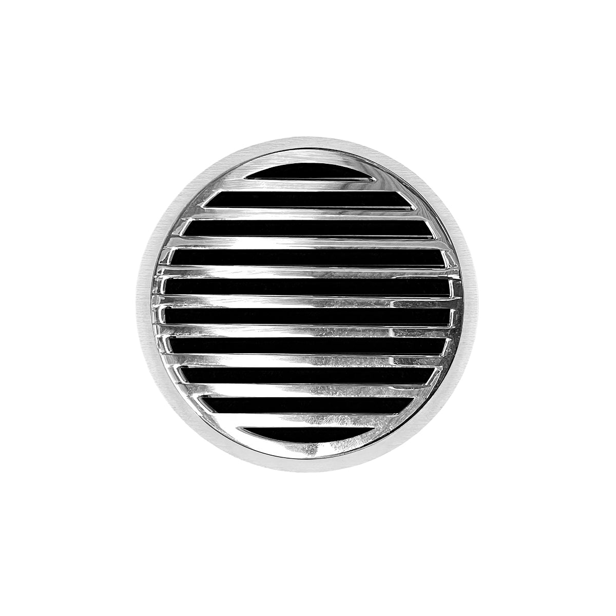 Round polished stainless steel drain grate with horizontal slat design and center opening.