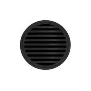 Matte black round drain cover with horizontal slat pattern and center opening.