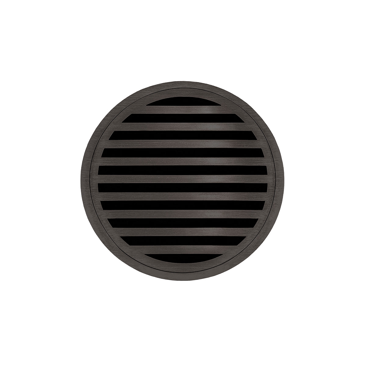 Round oil rubbed bronze drain cover with horizontal slat design and center opening.