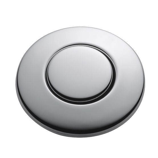 Polished chrome circular air switch button with recessed center push area for kitchen sink disposal control.