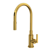 Unlacquered brass pull-down kitchen faucet with high arched spout and single lever handle.