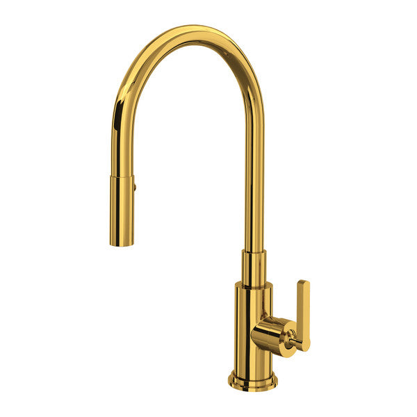 Unlacquered brass pull-down kitchen faucet with high arched spout and single lever handle.