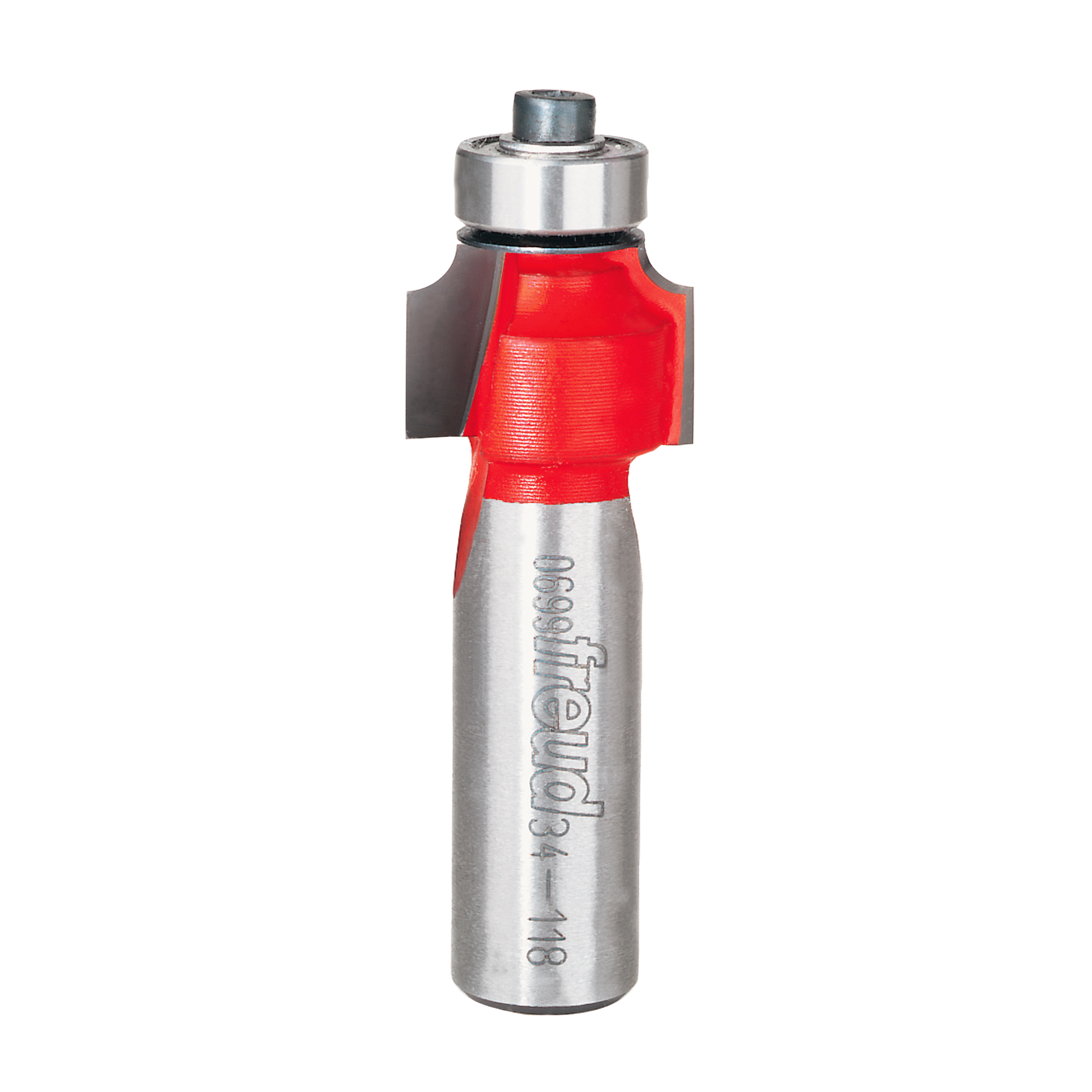 Freud rounding over router bit with red cutting head and metal shaft labeled "34-118".