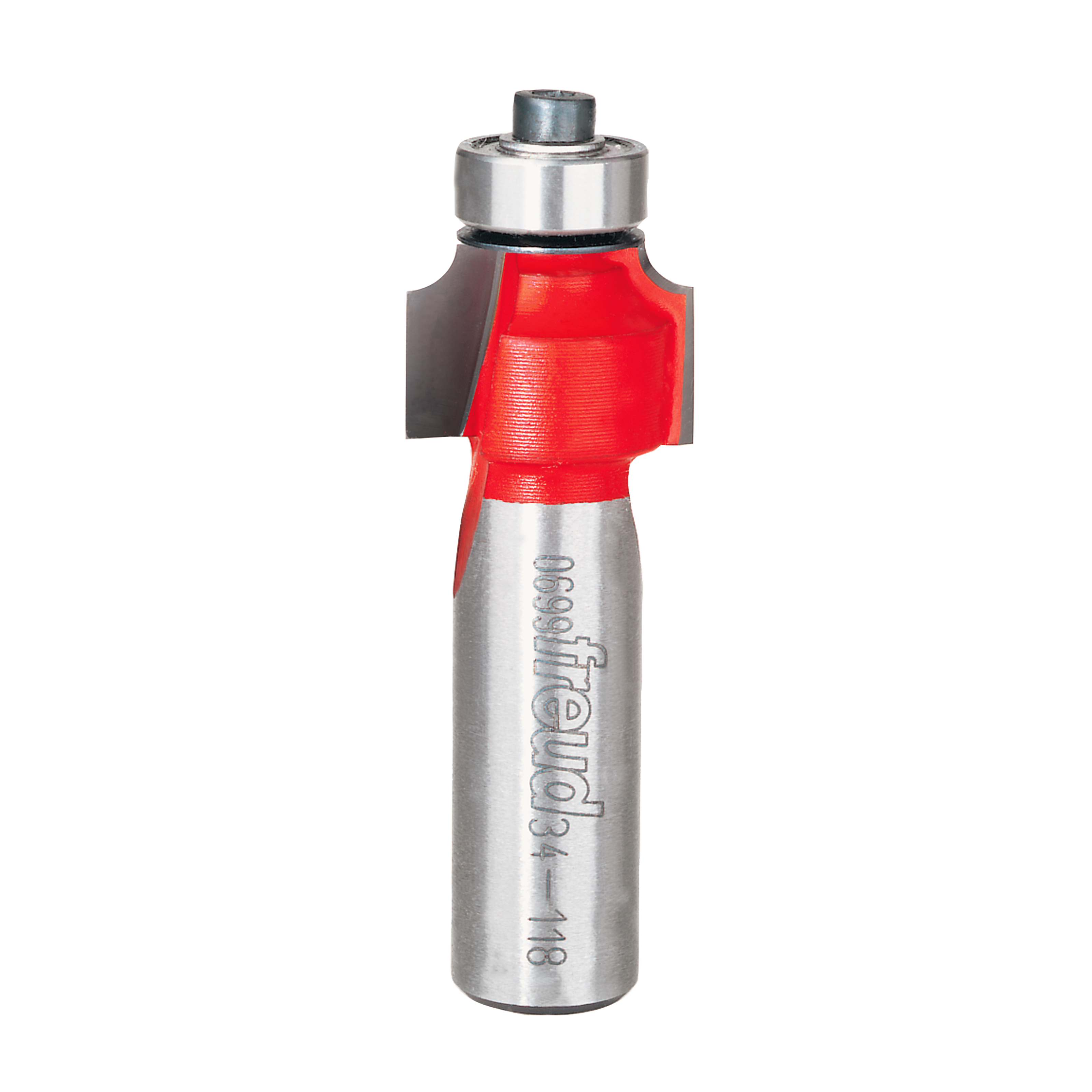 Freud rounding over router bit with red cutting head and metal shaft labeled "34-118".