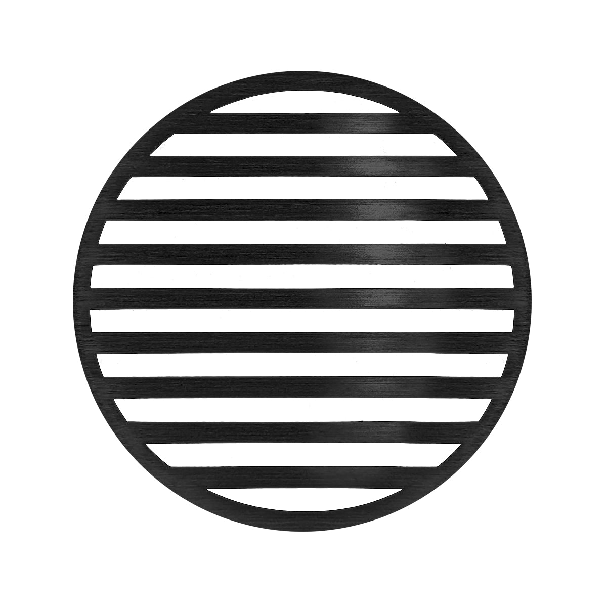 Matte black round drain cover with horizontal slat design and center drain opening.