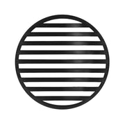 Matte black round drain cover with horizontal slat design and center drain opening.