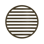 Round oil rubbed bronze drain cover with horizontal slat pattern and center opening.