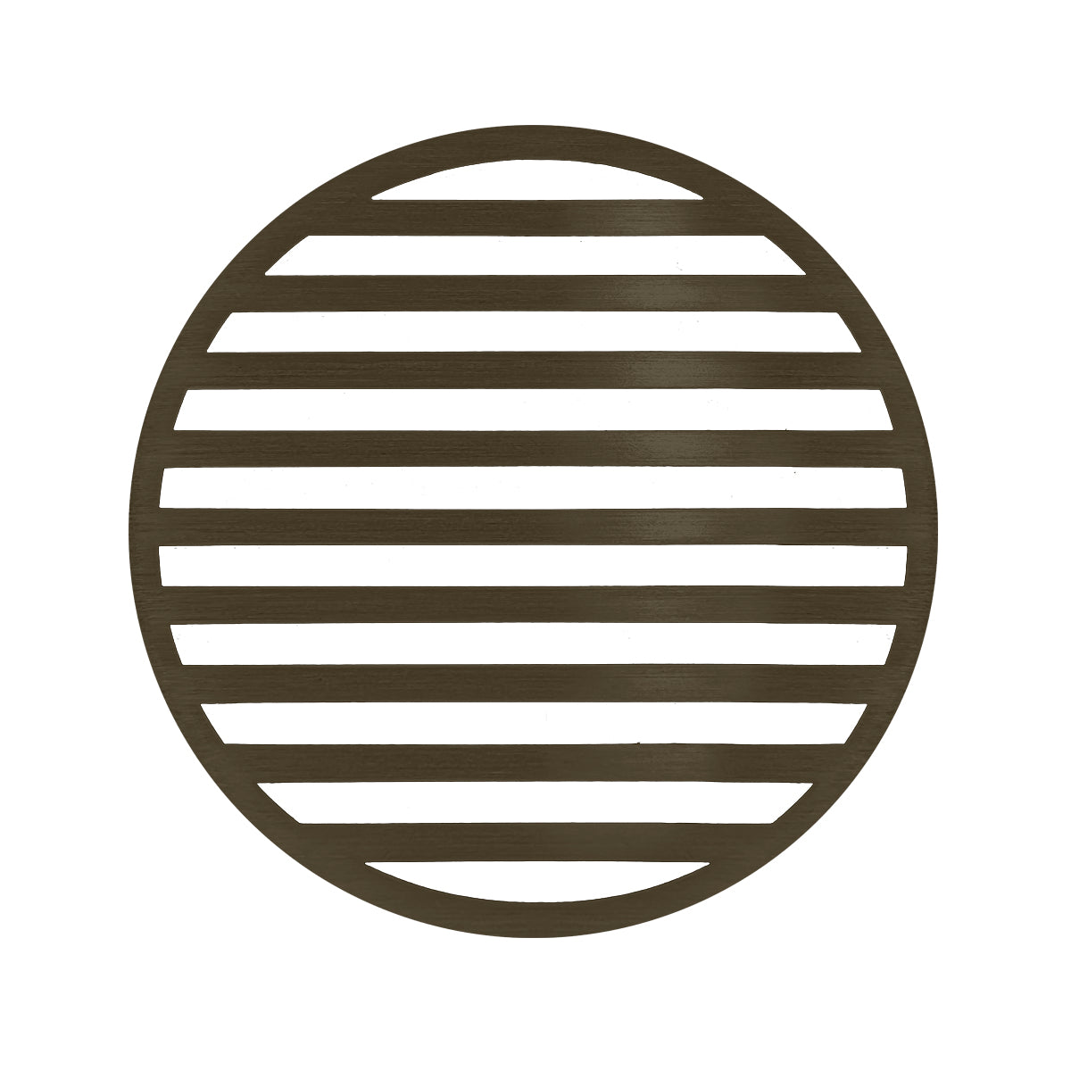 Round oil rubbed bronze drain cover with horizontal slat pattern and center opening.