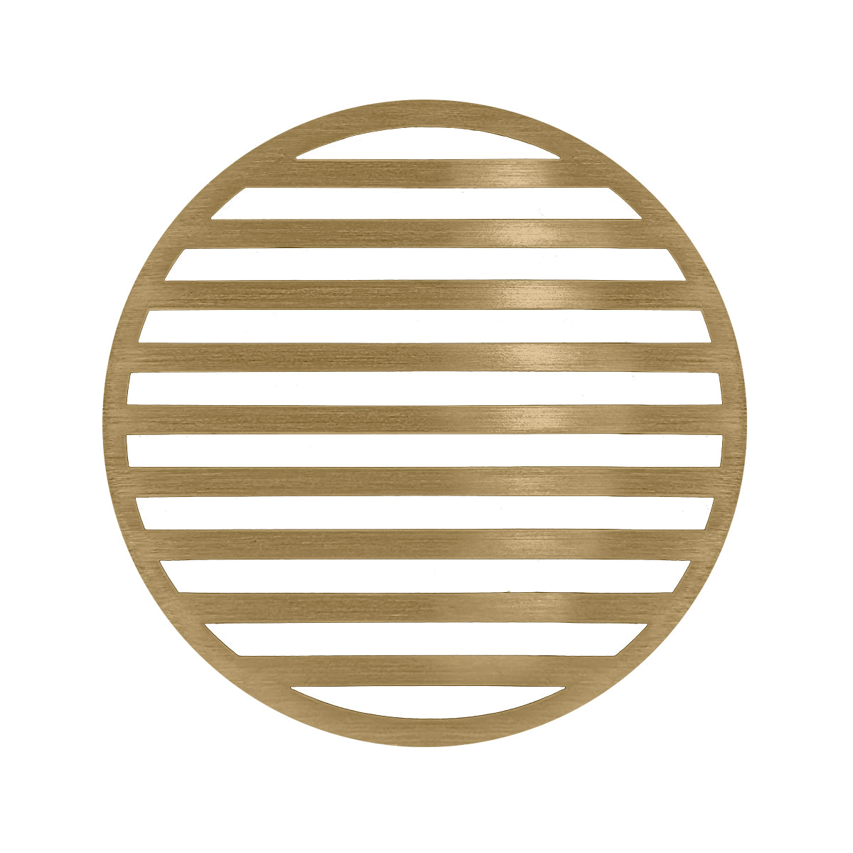 Round satin bronze drain cover with horizontal slot pattern and center opening.