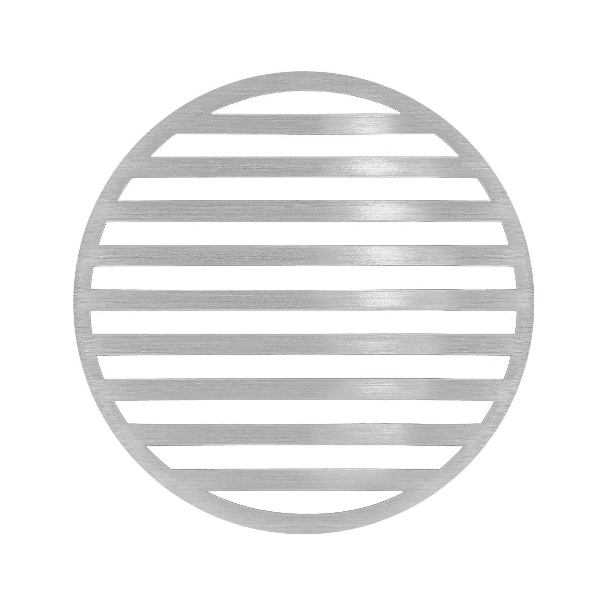 Round satin stainless steel drain cover with horizontal slat design and center opening.