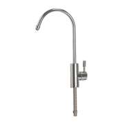 Chrome curved faucet with long reach spout and side lever handle for reverse osmosis water systems.