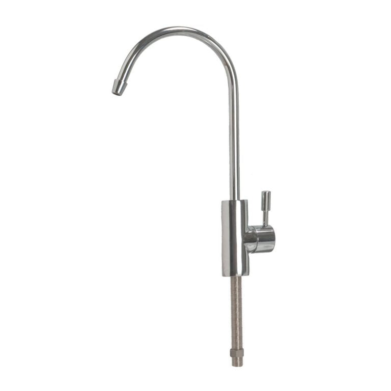 Chrome curved faucet with long reach spout and side lever handle for reverse osmosis water systems.