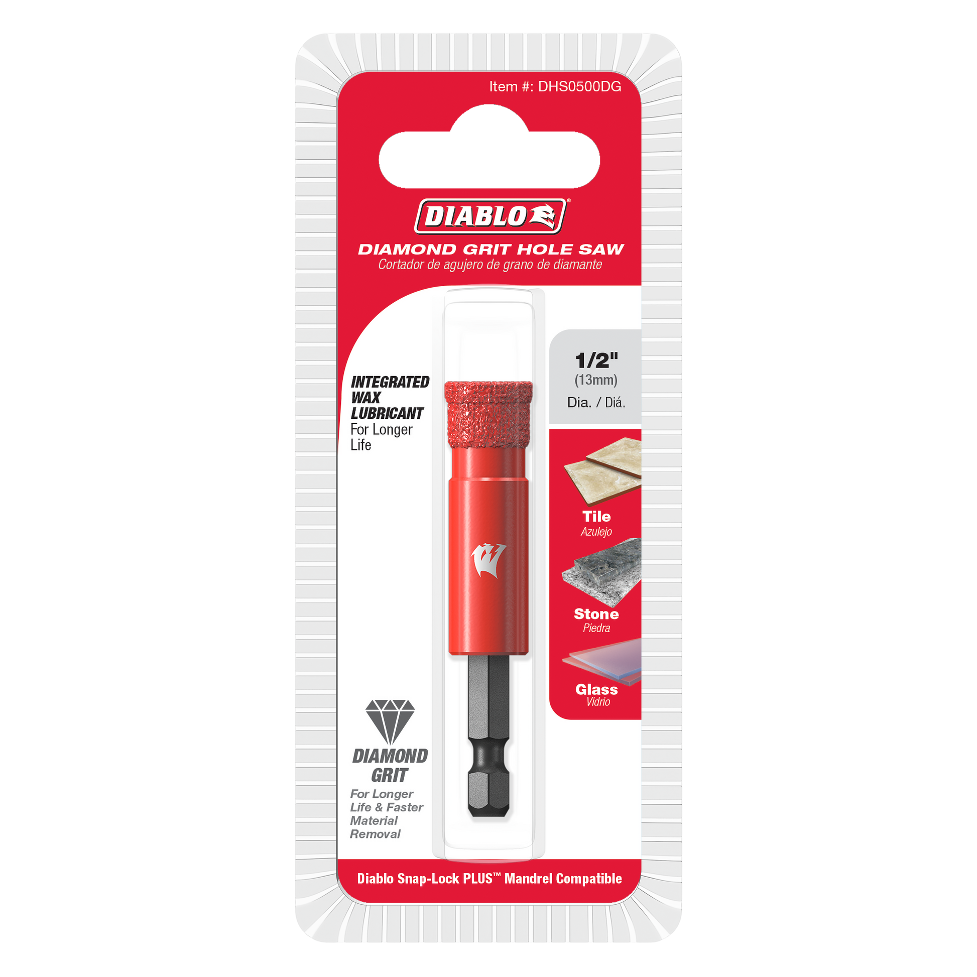 1/2 inch red diamond grit hole saw with black mandrel on Diablo branded packaging card.