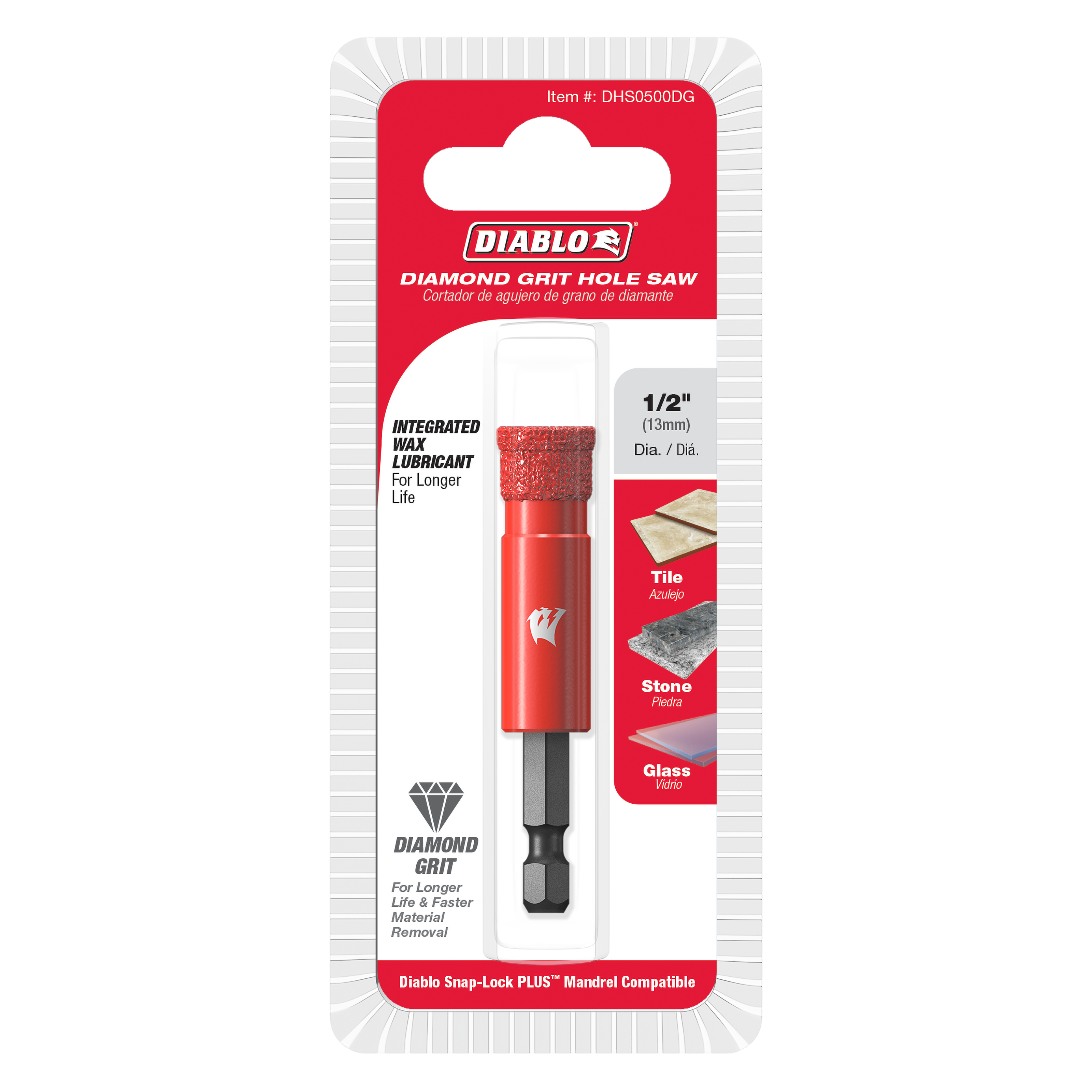 1/2 inch red diamond grit hole saw with black mandrel on Diablo branded packaging card.