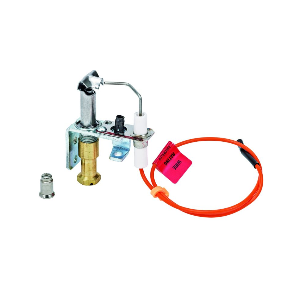 Pilot electrode assembly with brass body, metal mounting bracket, white ceramic component, red ignition cable with connector,