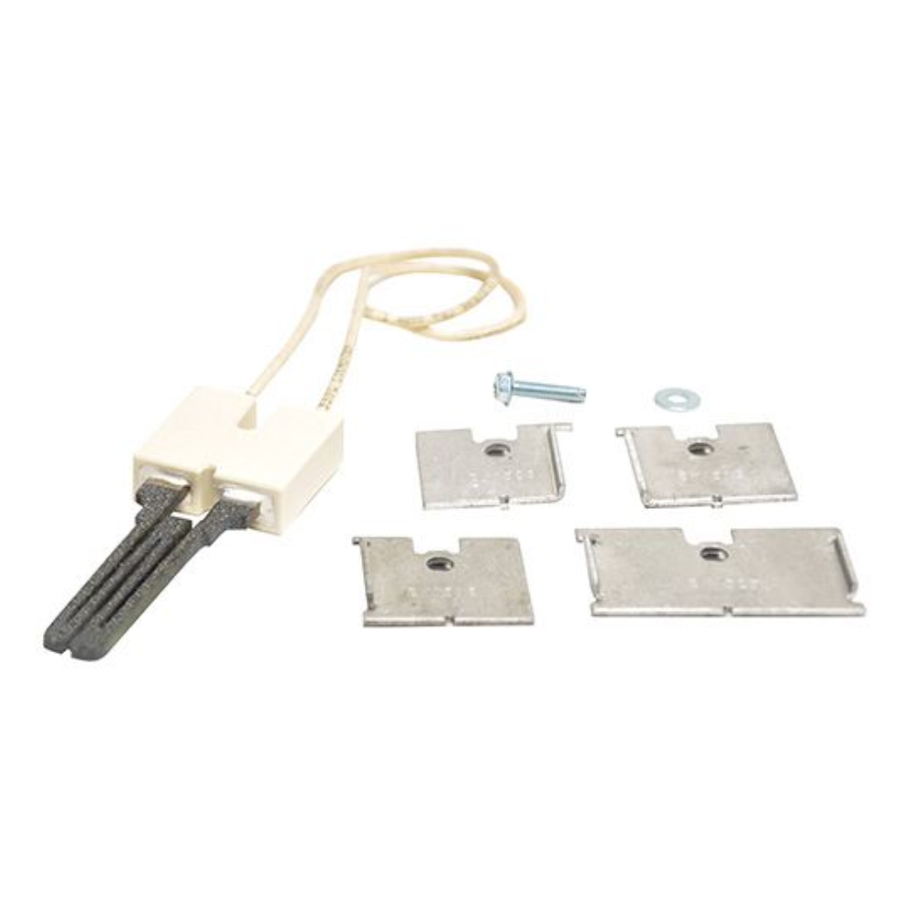 Robertshaw hot surface ignitor with ceramic element, cream connector block, wire leads, mounting brackets, bolt and washer.