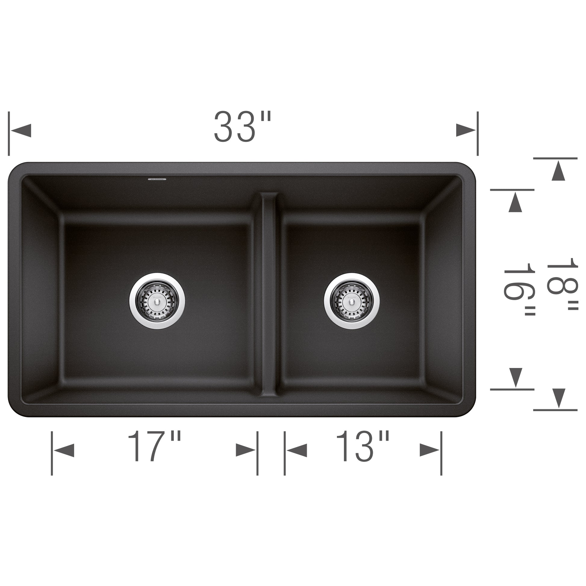 Anthracite double-bowl undermount sink with low divider, rounded corners, and dual chrome drains, 33" wide.