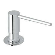 Chrome soap and lotion dispenser with cylindrical pump and angled spout on circular base.