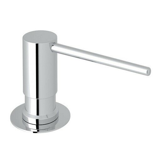 Chrome soap and lotion dispenser with cylindrical pump and angled spout on circular base.