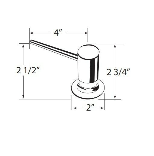 Chrome soap and lotion dispenser with angled spout and cylindrical pump, dimensions shown.