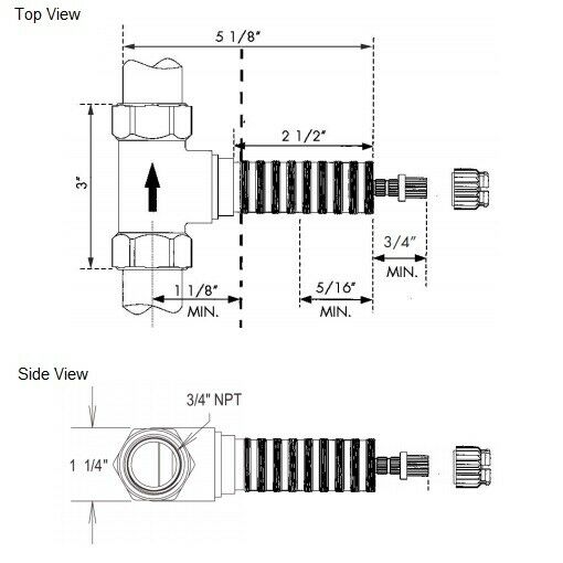 Rohl 3/4" volume control rough-in valve with top and side technical schematic showing dimensions and NPT connection port.