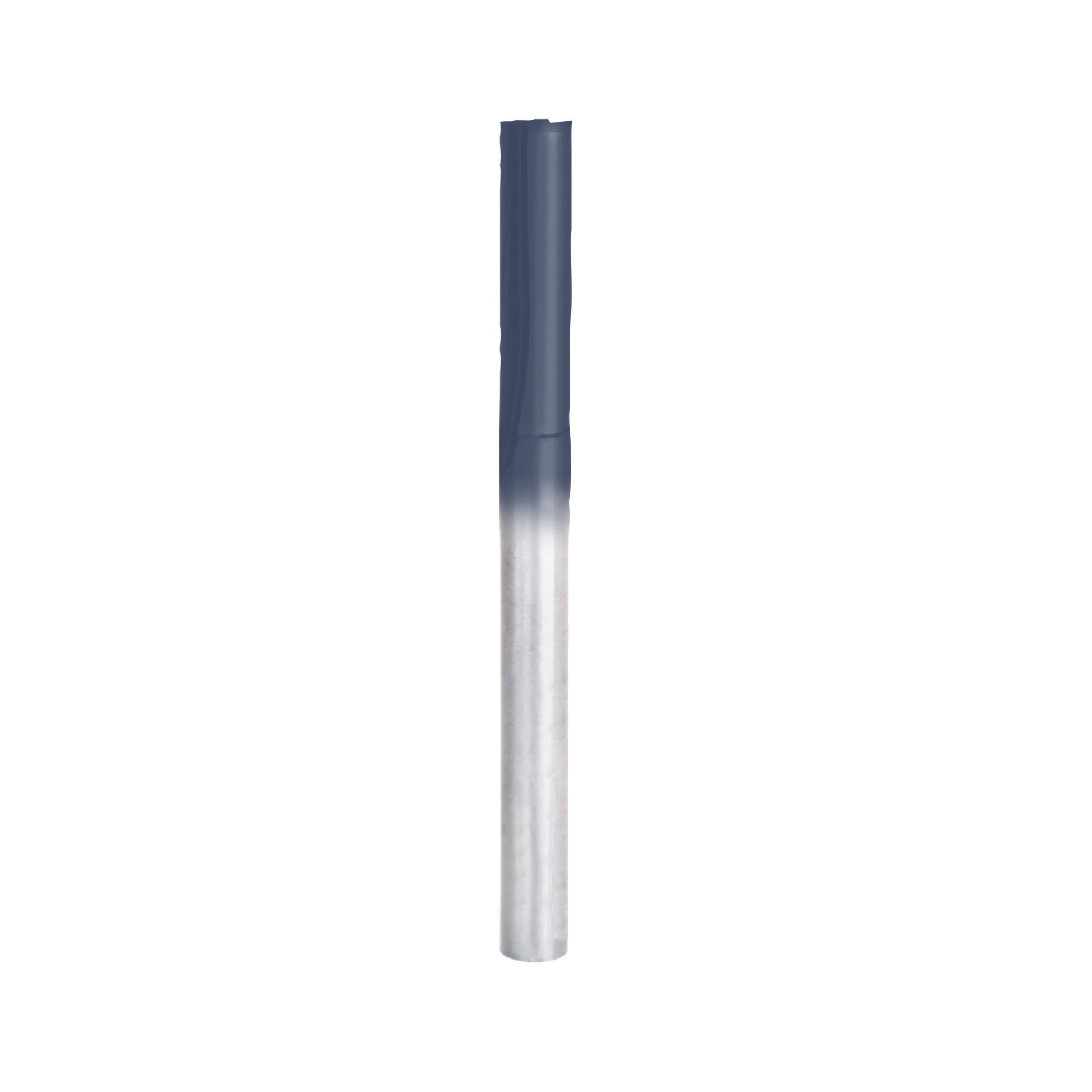 Silver and dark gray cylindrical router bit with straight cutting flutes and 1/4" diameter shank.