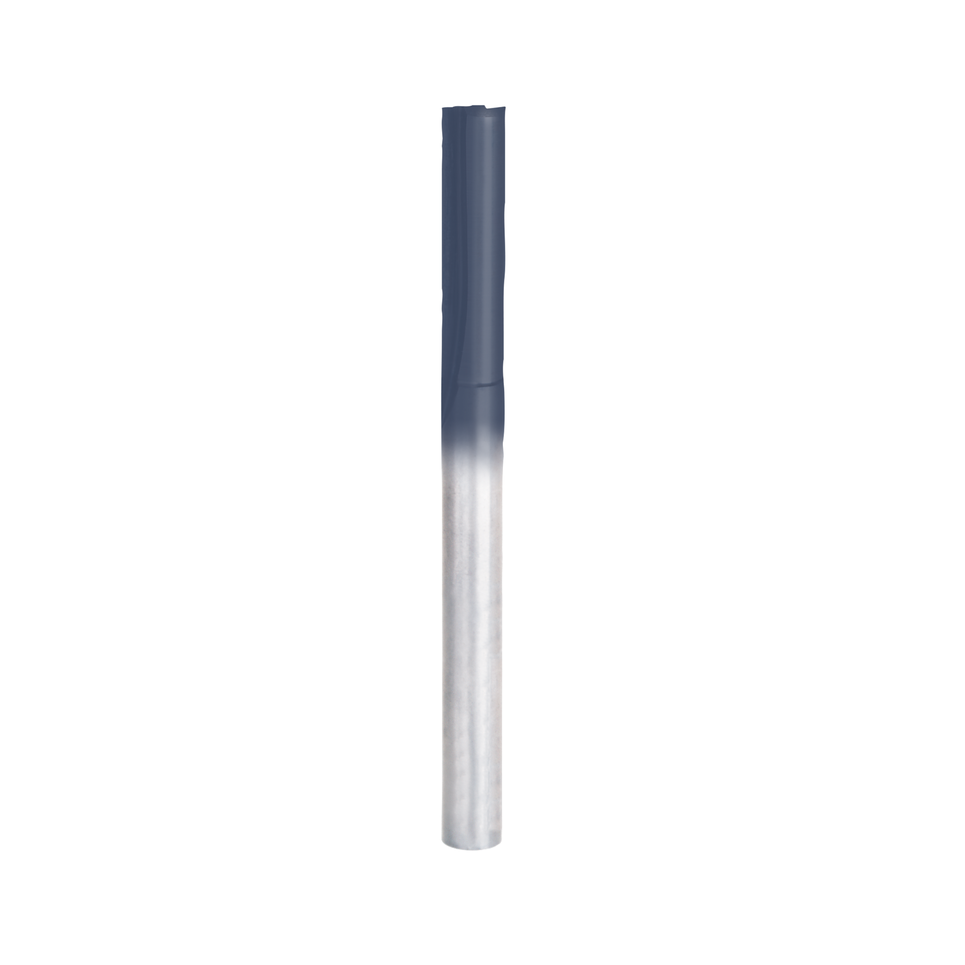 Silver and dark gray cylindrical router bit with straight cutting flutes and 1/4" diameter shank.
