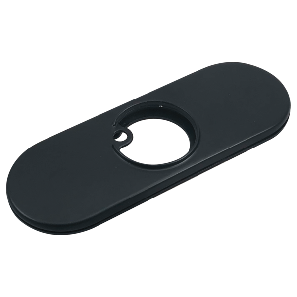 Matte black elongated escutcheon with circular opening and mounting hole.