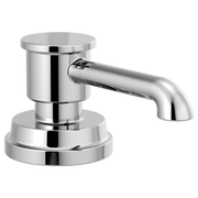 Chrome soap dispenser with cylindrical pump and curved spout on round base.