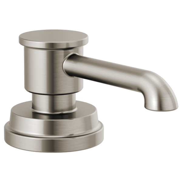 Brushed nickel soap dispenser with cylindrical pump and curved spout on circular base.