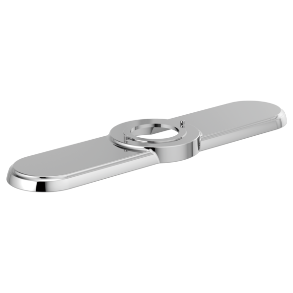 Chrome-plated elongated escutcheon with central circular opening and polished finish.